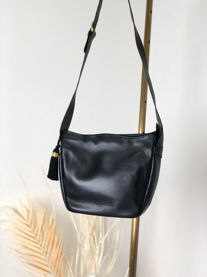 Christian Dior CD 標誌流蘇皮革斜背包肩背包黑色復古 i8x43s 