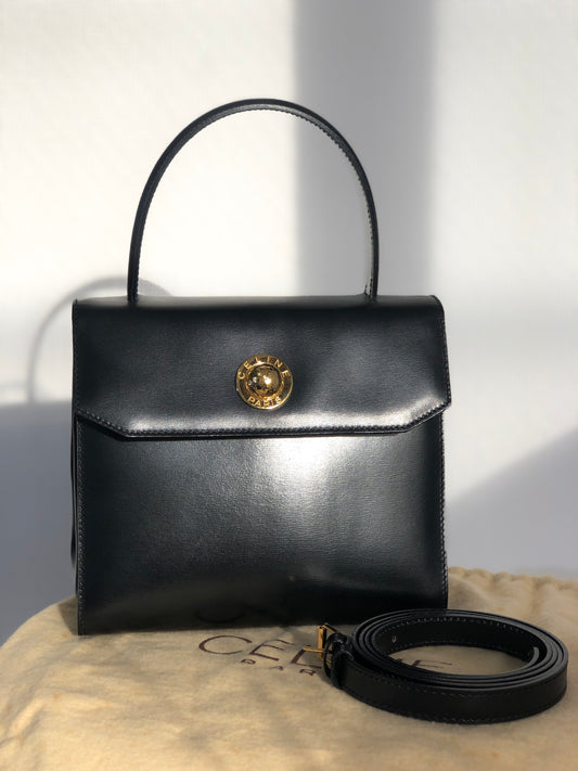 CELINE Starball Leather Two-way Handbag Shoulder bag Black Vintage jrwffj