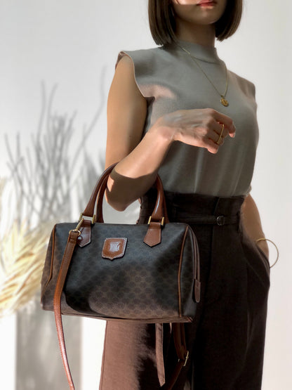 CELINE Macadam PVC Leather Two-way Handbag Shoulder bag Boston bag Brown Vintage znft22