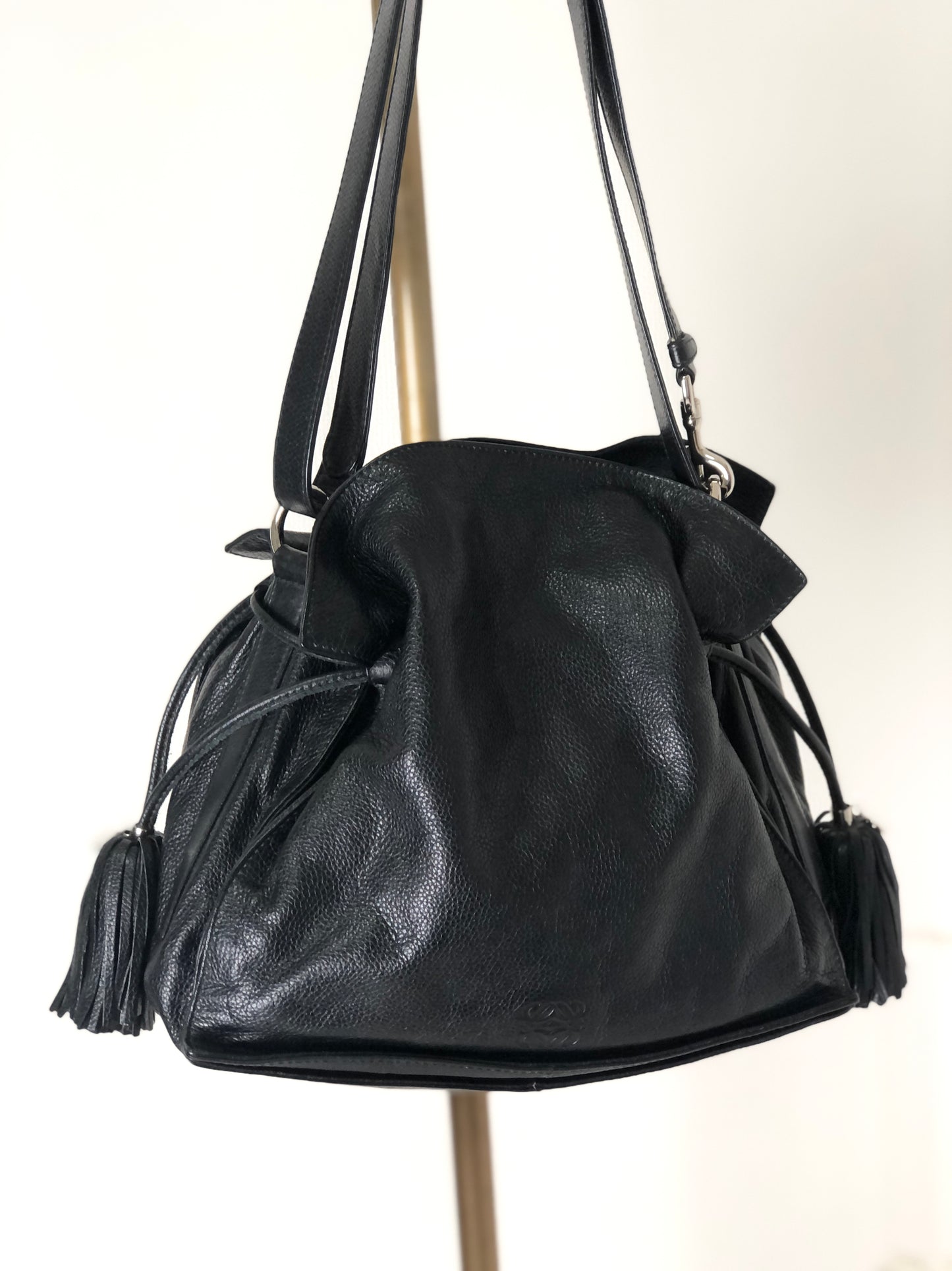 LOEWE Anagram Logo Motif Embossed Tassel Leather Drawstring Shoulder bag Black Vintage xpf265