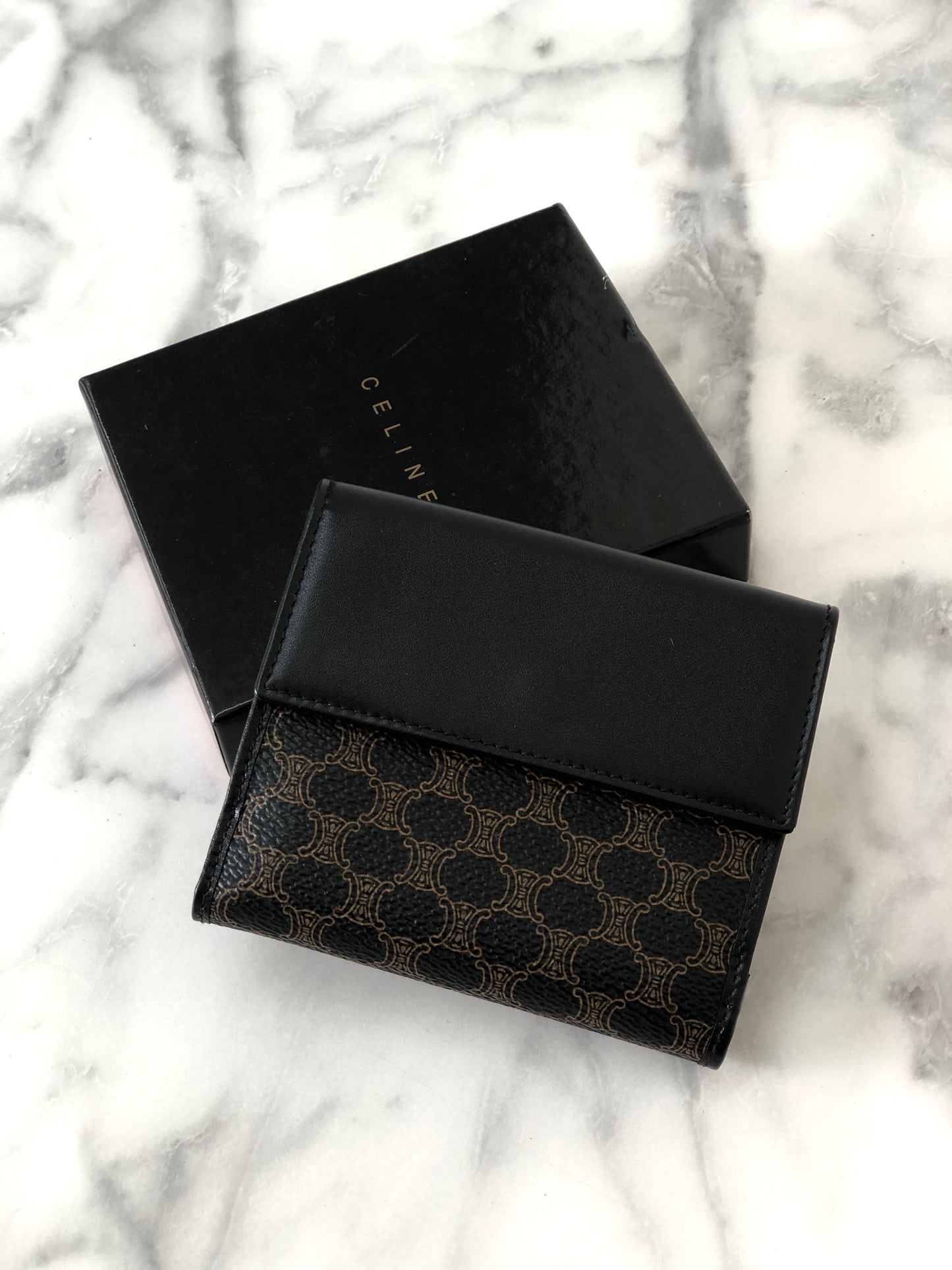 CELINE Macadam Leather Folded Wallet Black Vintage tubzev