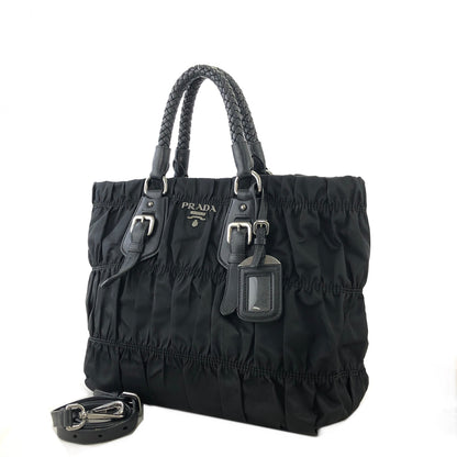 PRADA Logo Motif shirring Nylon Two-way Handbag Shoulder bag Black Vintage vbrtdm