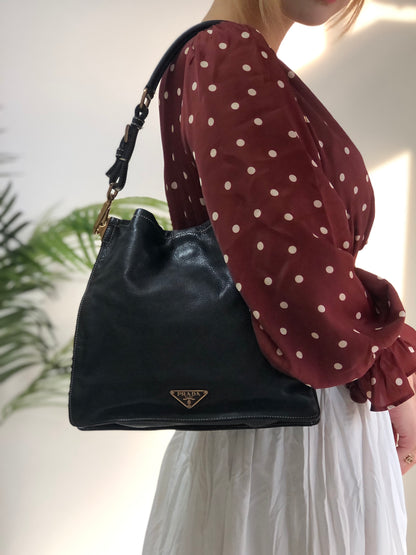 PRADA Triangle Logo Leather Shoulder bag Black Vintage 32faxx