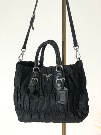 PRADA Logo Motif shirring Nylon Two-way Handbag Shoulder bag Black Vintage vbrtdm