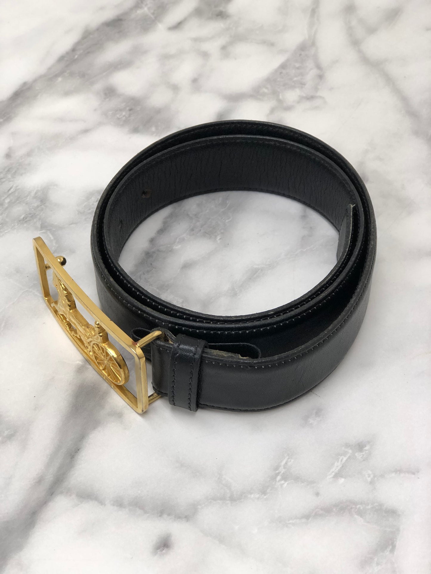 CELINE Horse Carriage  Leather Belt Black Gold Vintage r5nwjn