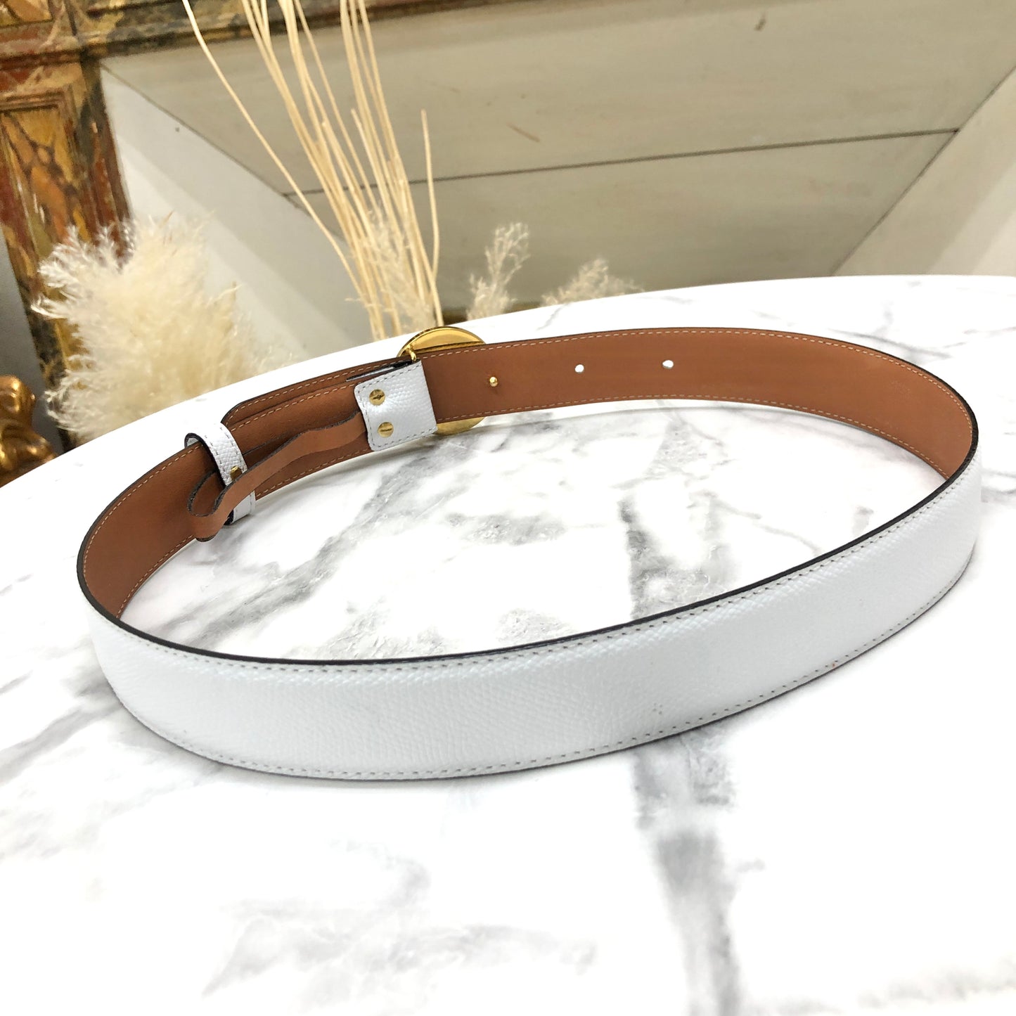 CELINE Circle Logo Leather Belt White Vintage 5absrf