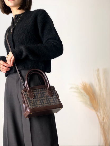 FENDI Zucca Jacquard Leather Two-way Handbag Shoulder bag Brown Vintage n3b6d8