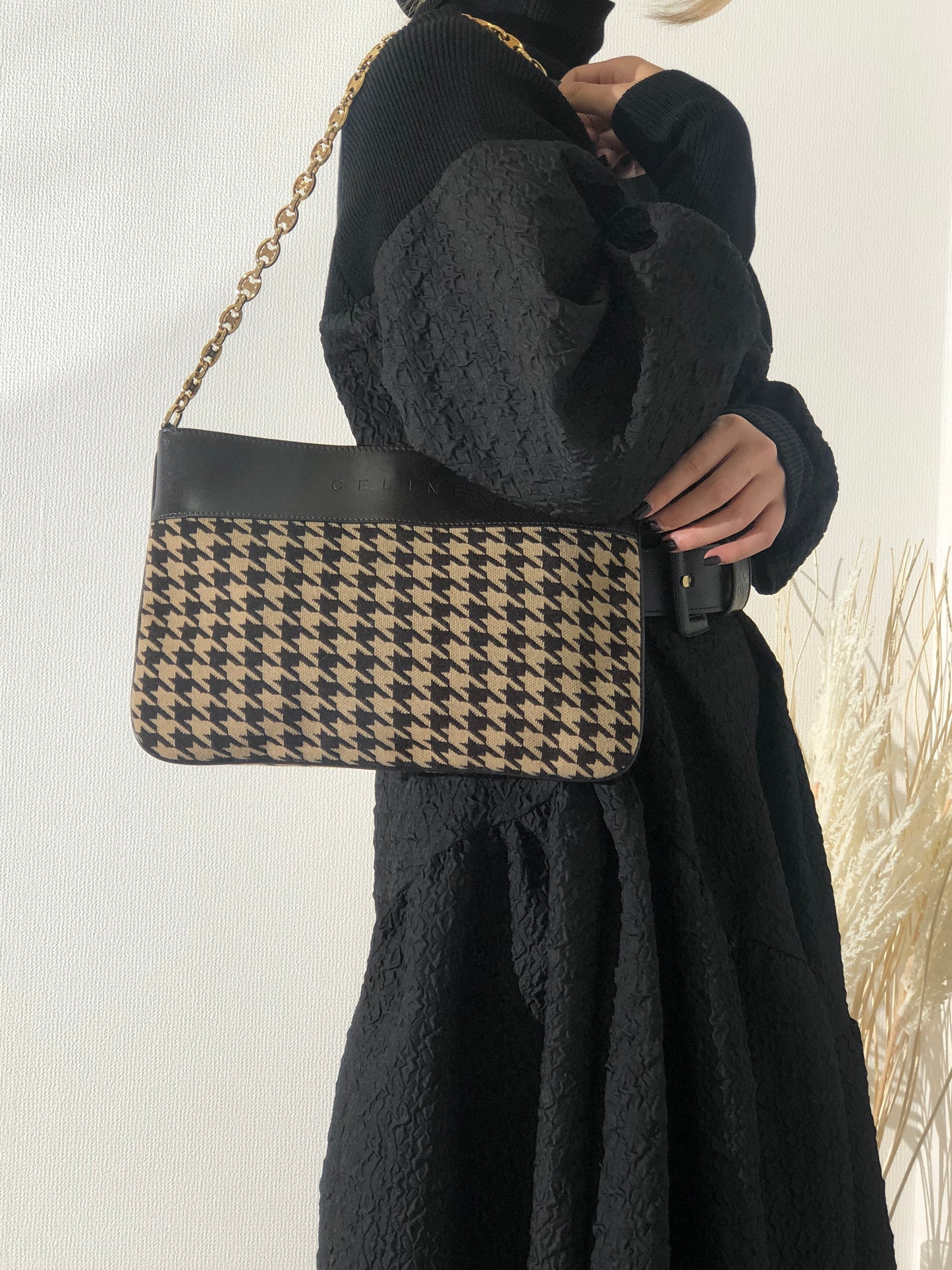 CELINE Triomphe Chain Houndstooth Fabric Leather Handbag Chain Shoulder bag Beige Brown Vintage f8gihb