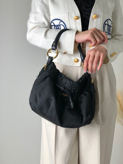PRADA Logo Nylon Leather Shirring Handbag Black Vintage xwztuy