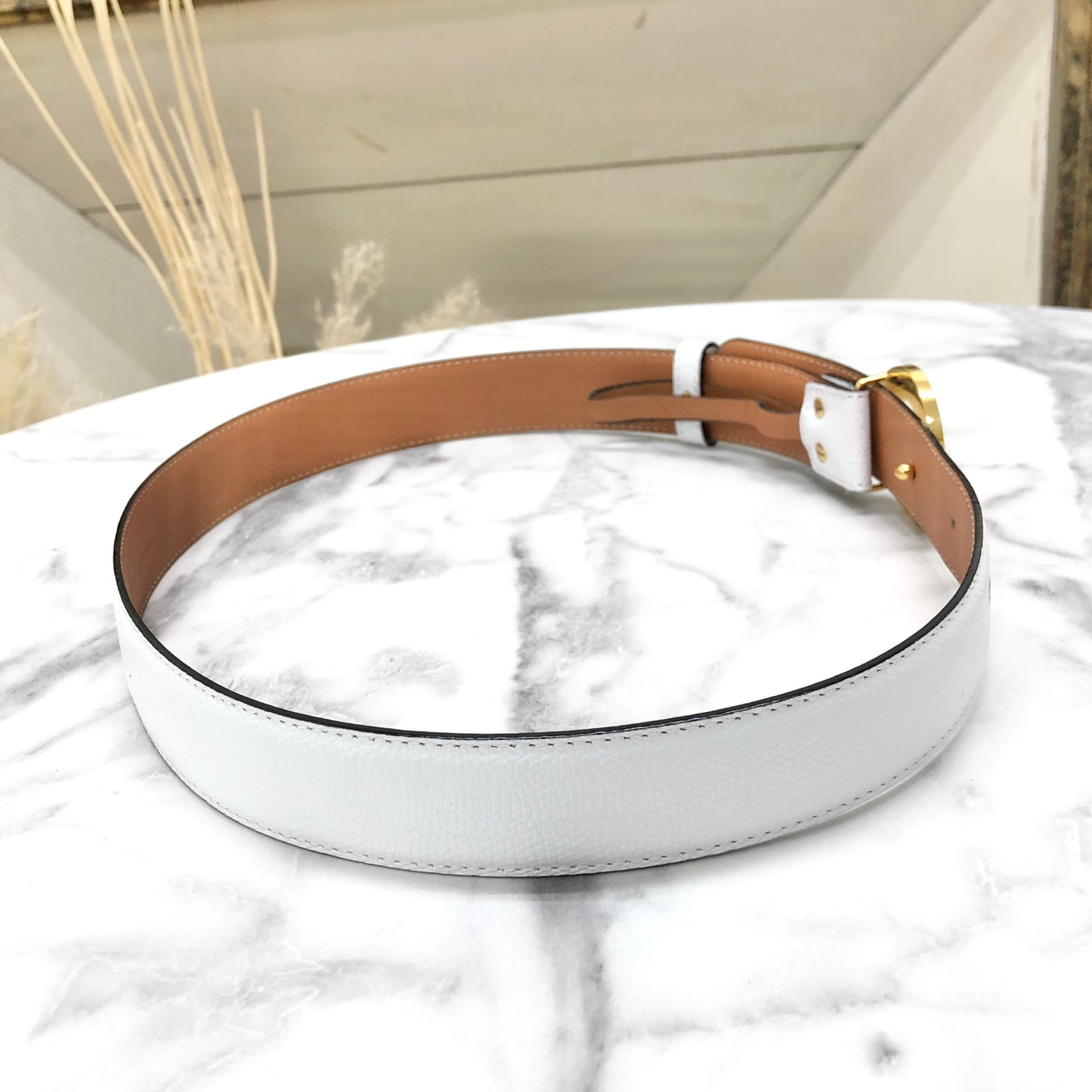 CELINE Circle Logo Leather Belt White Vintage 5absrf