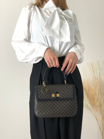 CELINE Macadam Logo Motif Charm Turn Lock Leather Two-way Handbag Shoulder bag Black Vintage cptypf