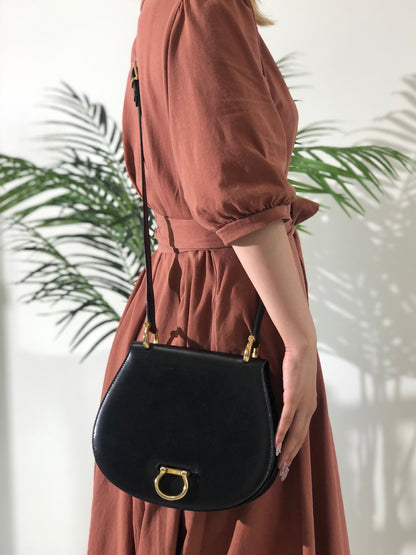 CELINE Gancini Leather Round Crossbody Shoulder bag Black Vintage 5ec6bk