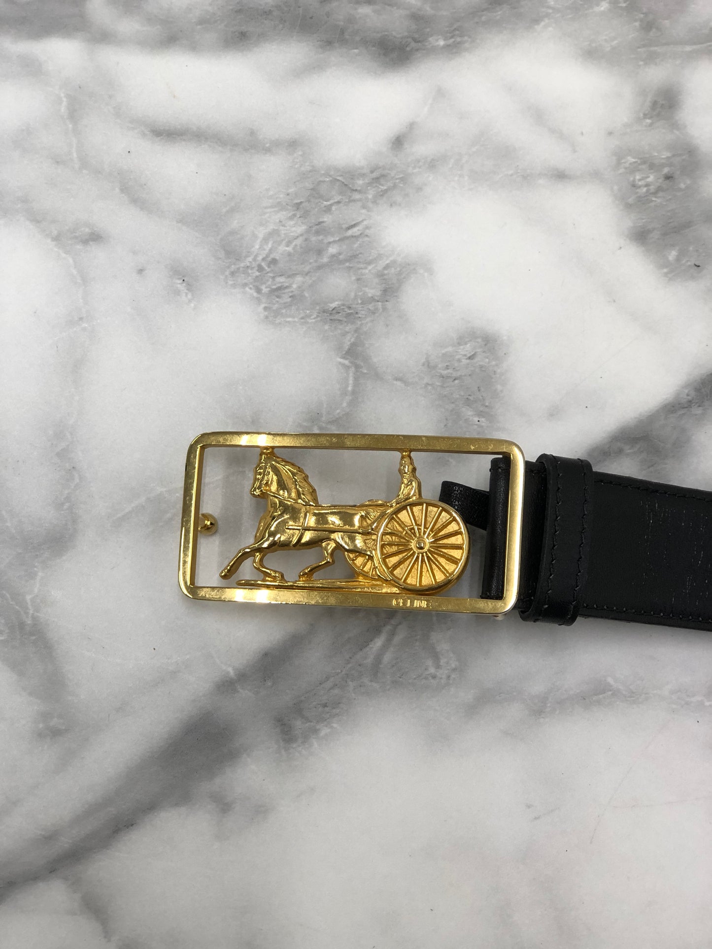 CELINE Horse Carriage  Leather Belt Black Gold Vintage r5nwjn