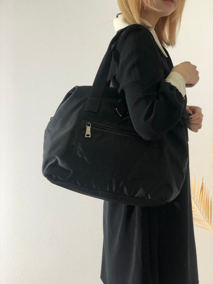 PRADA Triangle Logo Nylon Handbag Boston bag Black Vintage aki77w