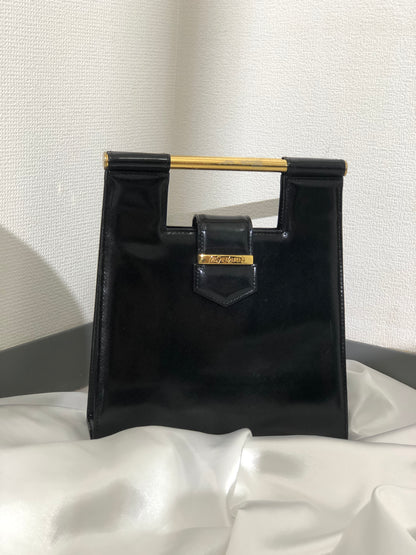 Yves Saint Laurent Logo Metal Bar Handle Leather Handbag Black Vintage vgabsa