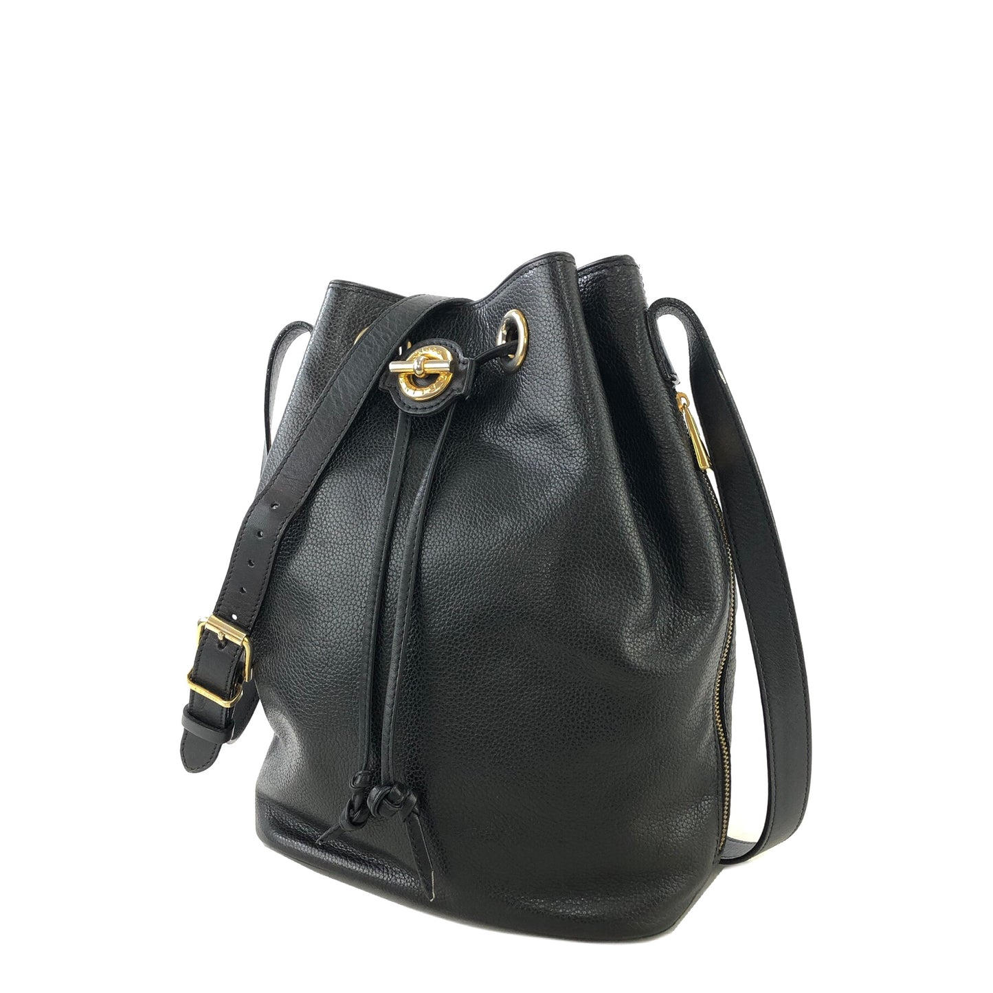 CELINE Toggle clasp Leather Drawstring Shoulder bag Black Vintage gzwn5b