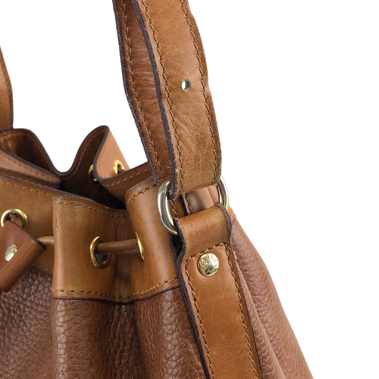 CELINE Blason Leather Drawstring Shoulder bag Brown Vintage u2c24i