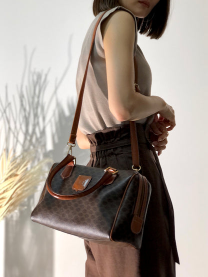 CELINE Macadam PVC Leather Two-way Handbag Shoulder bag Boston bag Brown Vintage znft22