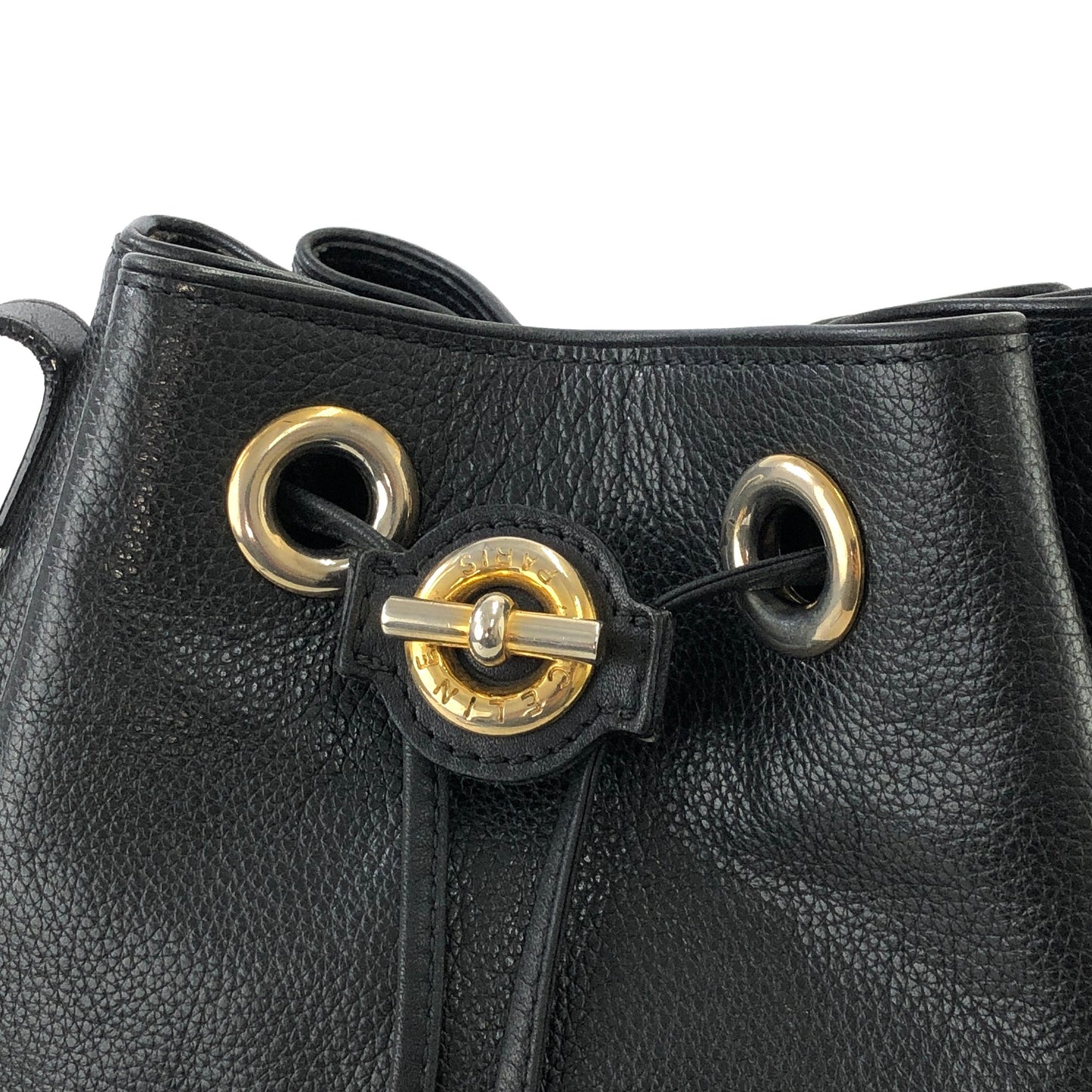 CELINE Toggle clasp Leather Drawstring Shoulder bag Black Vintage gzwn5b