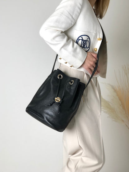 CELINE 扣環皮革抽繩單肩包 黑色復古 gzwn5b