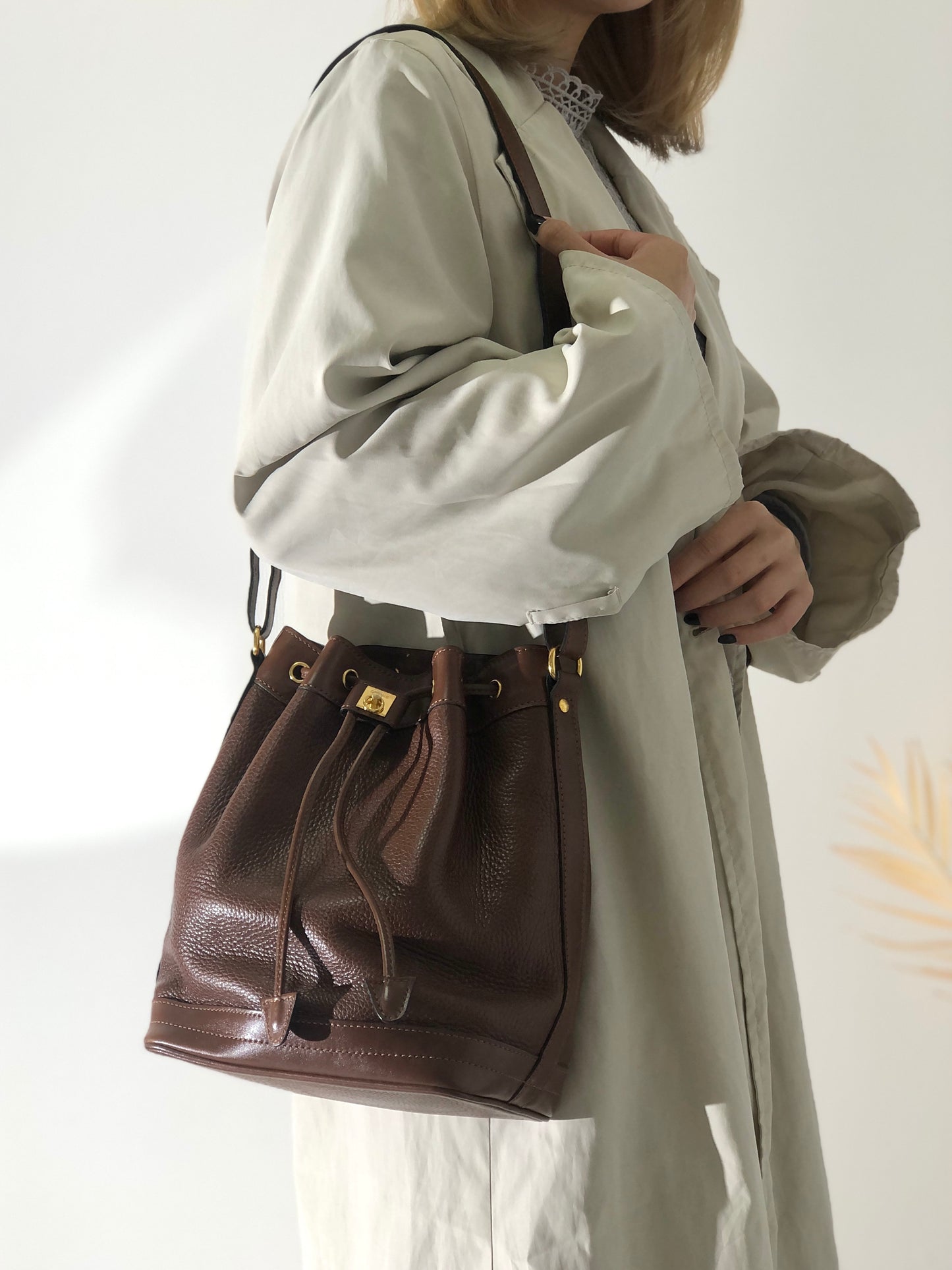 CELINE Gancini Leather Drawstring Shoulder bag Brown Vintage ex2exg