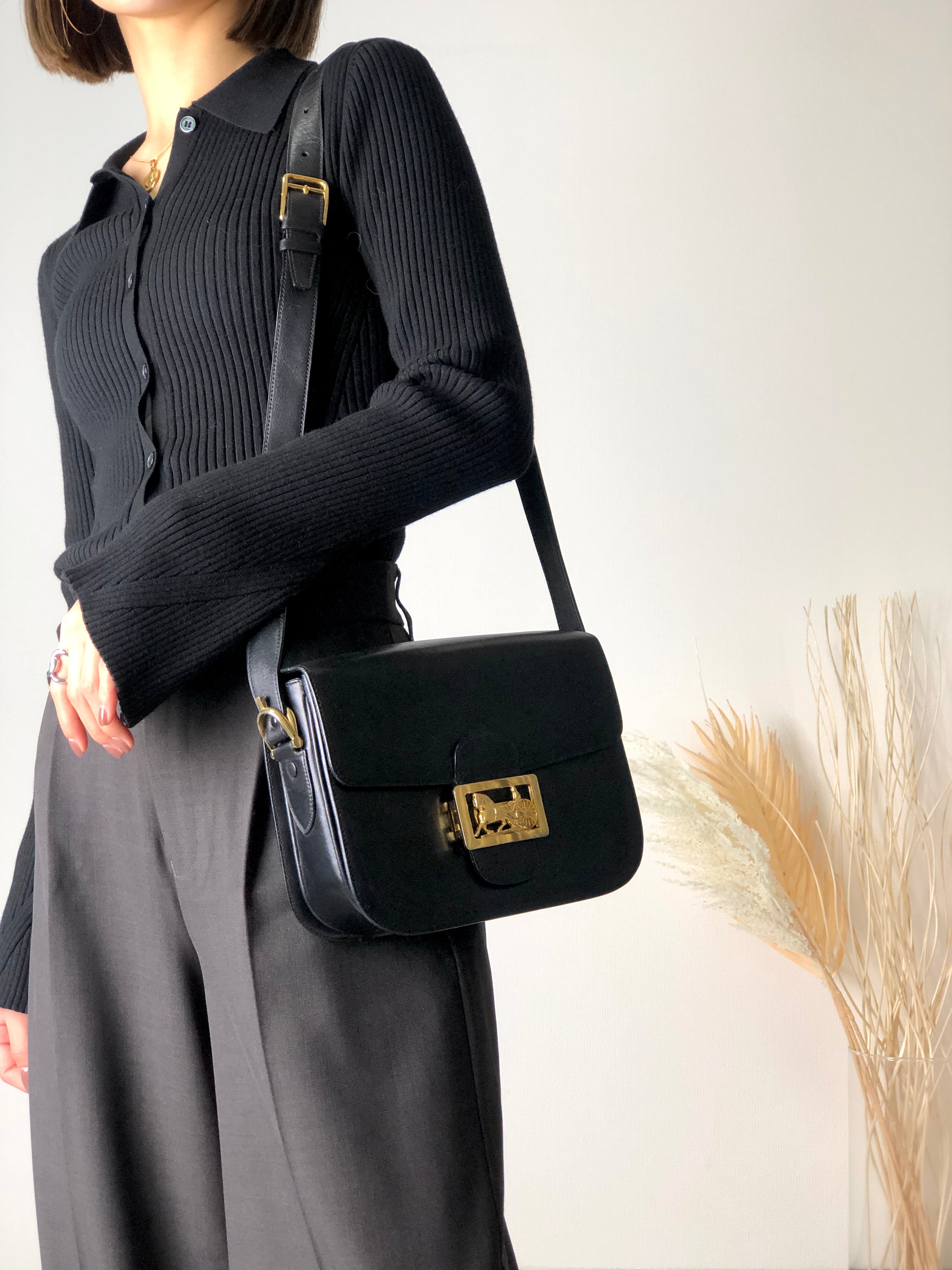 CELINE Horse Carriage Leather Shoulder bag Black Vintage