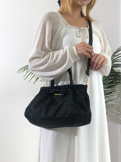 PRADA Logo Ribbon Nylon Leather Two-way Crossbody Shoulder bag Totebag Black Vintage c6kcye
