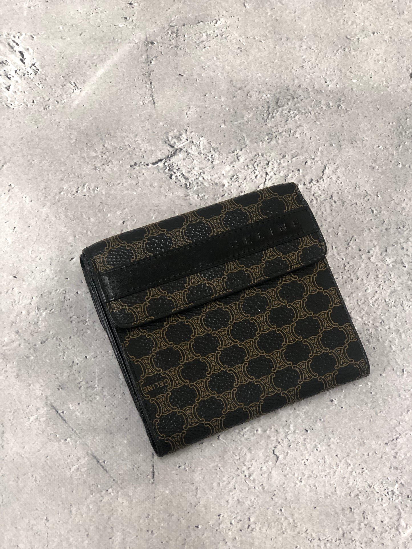 CELINE Macadam Logo Embossed Folded Wallet Black Vintage tw453e