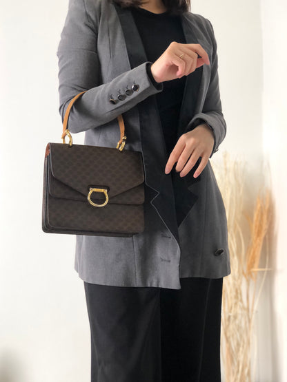 CELINE Macadam Horse Bit Double Flap Handbag Brown Vintage ji65m3