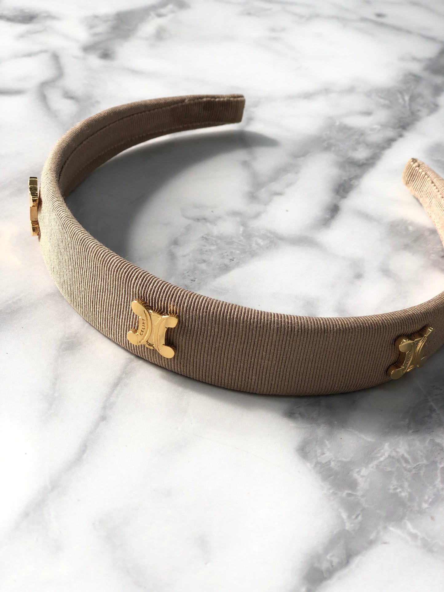 CELINE Triomphe Blason Fabric headband Beige Vintage t3apeu