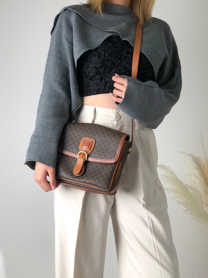 CELINE Macadam Blason Front Buckle Shoulder bag Brown Vintage cju27m