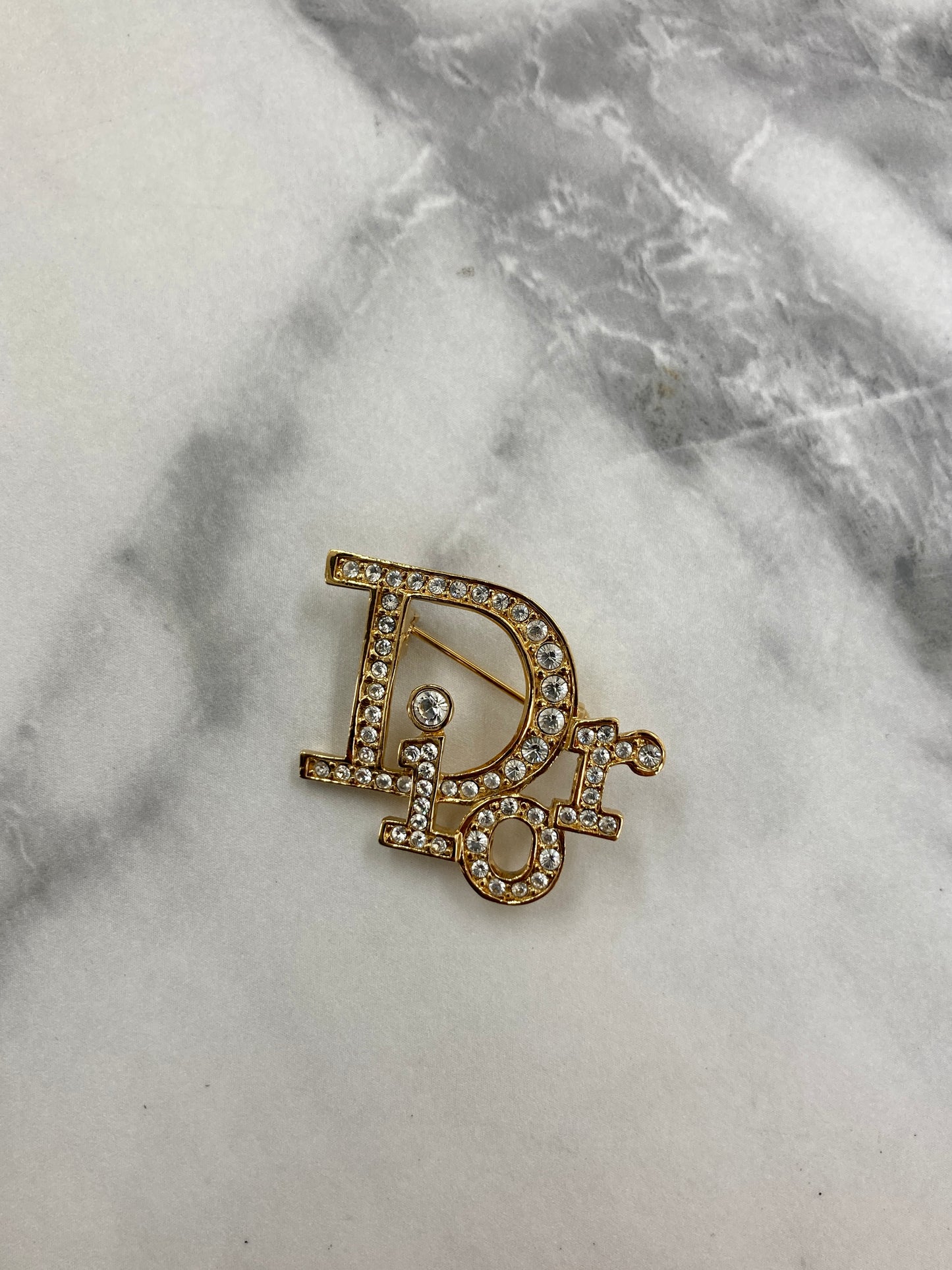 Christian Dior CD Logo Rhinestone Brooch Gold Vintage 2rmdvm