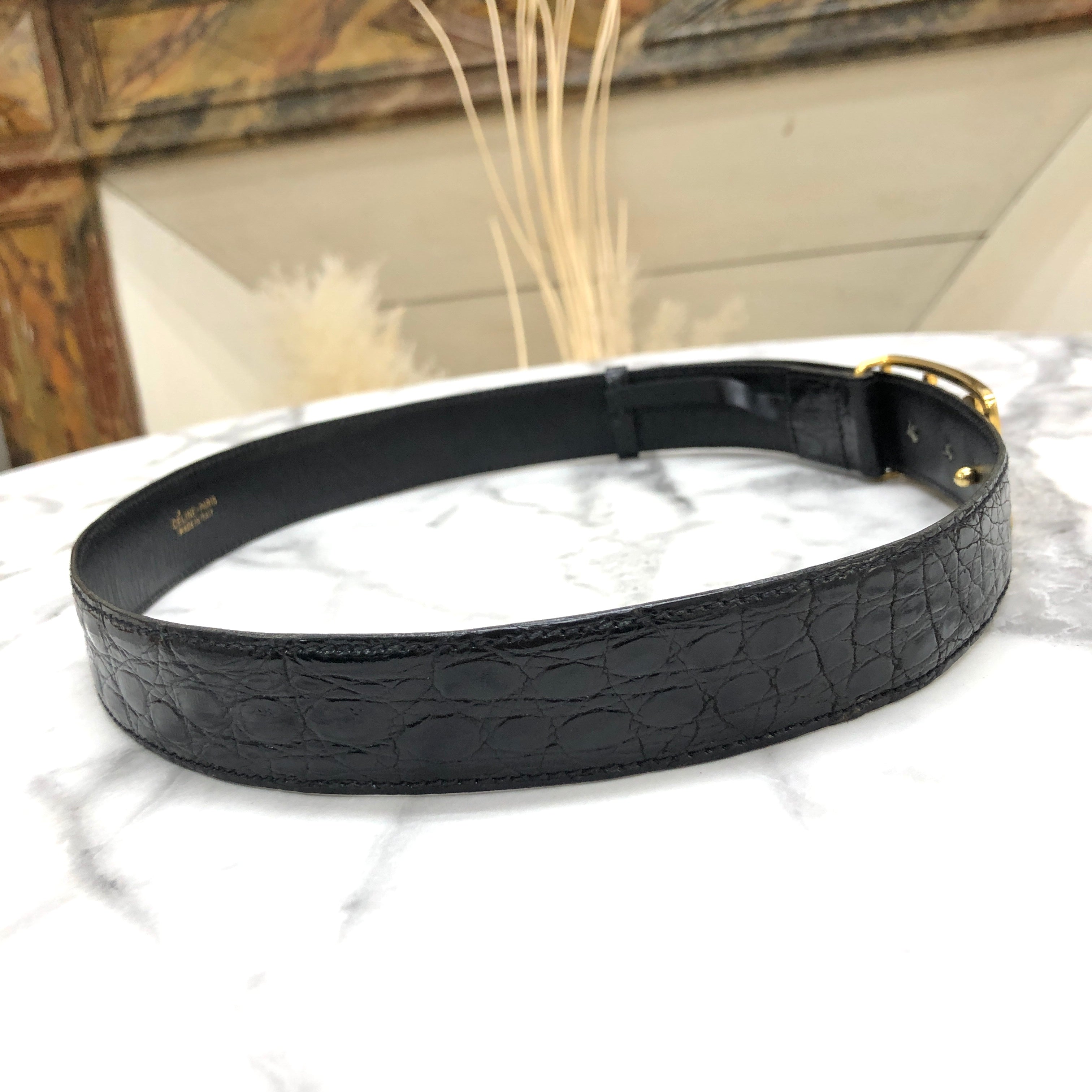 Vintage 80s Patent Black Embossed Alligator Leather Belt // Retro 1980s on sale Covered Buckle