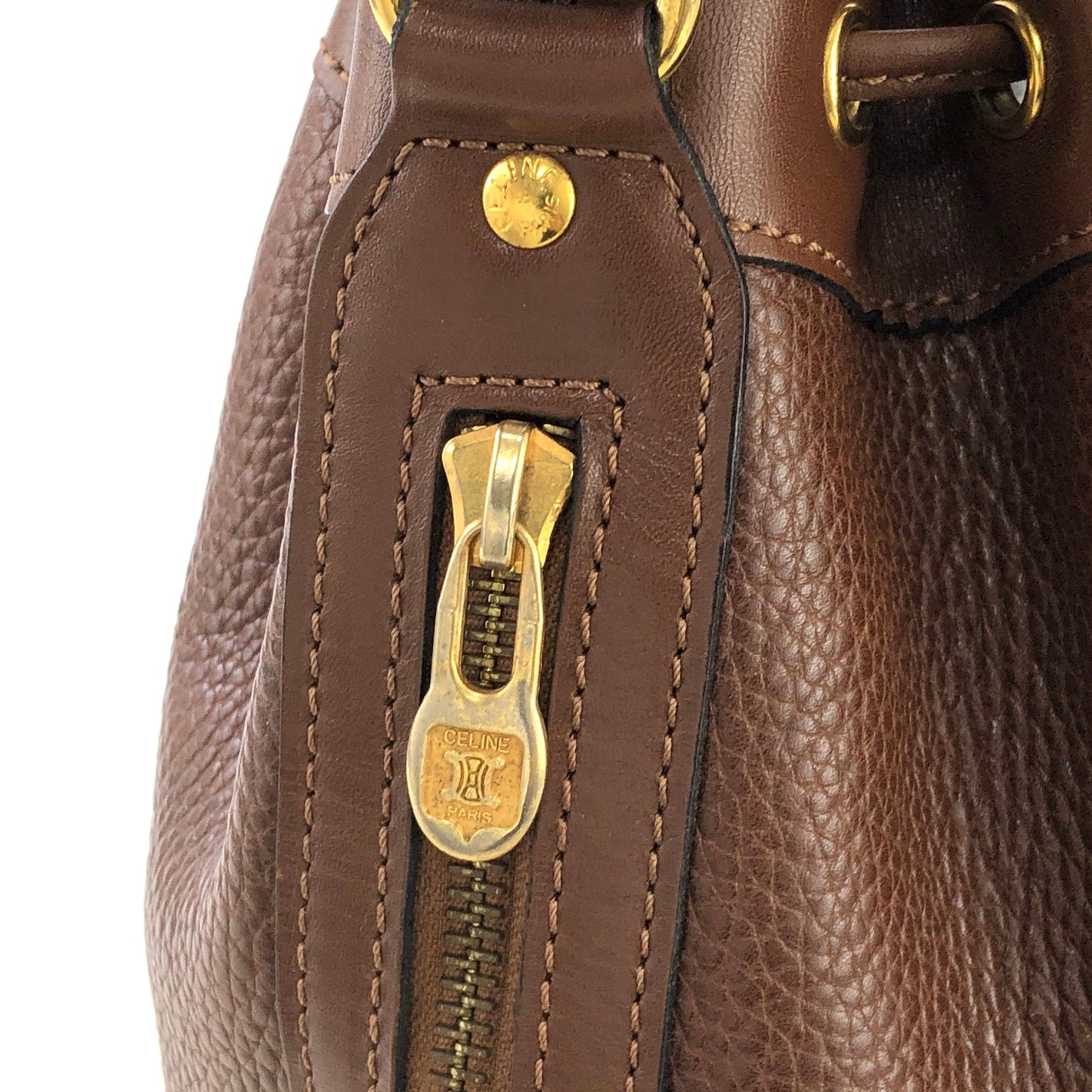 CELINE Gancini Leather Drawstring Shoulder bag Brown Vintage ex2exg