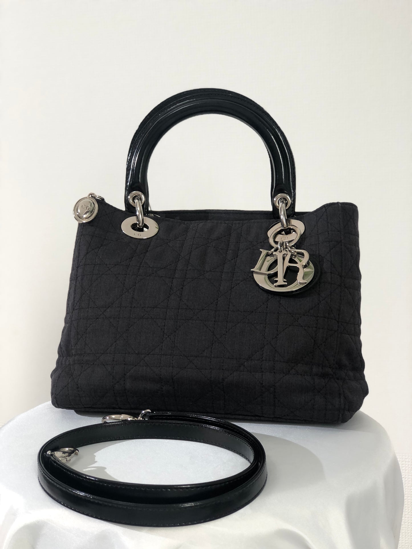 Christian Dior Lady Dior Cannage Canvas Leather Two-way Handbag Shoulder bag Black Vintage ztgz83