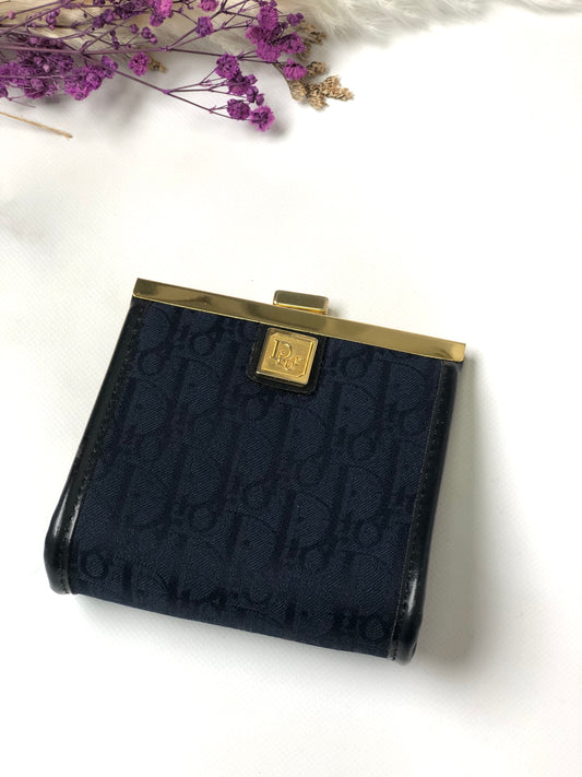 Christian Dior Trotter Logo Jacquard Leather Metal Clasp Coin Purse Navy Vintage pjbgby