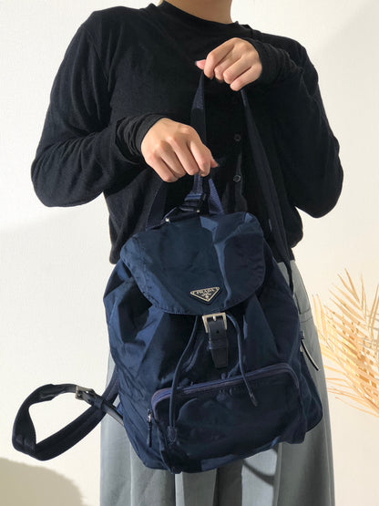 PRADA Triangle Logo Nylon Leather Backpack Navy Vintage 8jeijv