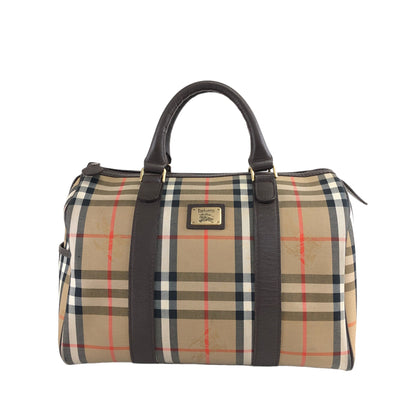 BURBERRY Classic Check Logo Canvas Leather Handbag Boston bag Brown Vintage 7nif54