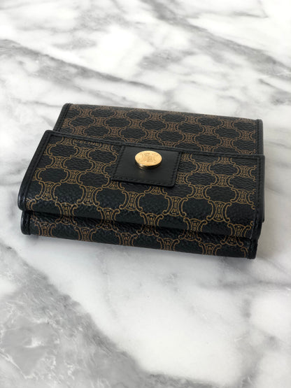 CELINE Macadam Leather Trifold Wallet Black Vintage 8jsi32