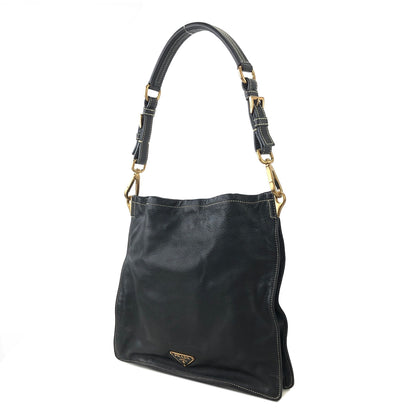 PRADA Triangle Logo Leather Shoulder bag Black Vintage 32faxx