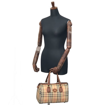 BURBERRY Classic Check Logo Canvas Leather Handbag Boston bag Beige×Brown Vintage 4b8ige