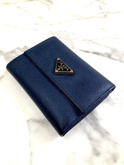 PRADA Triangle Logo Metal Clasp Leather Trifold Wallet Blue Vintage hdcmeb