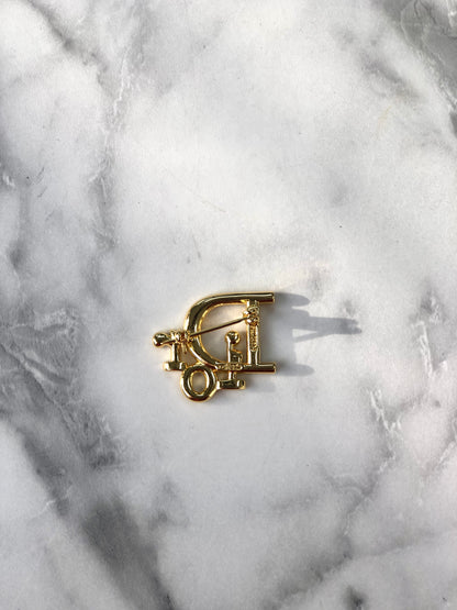 Christian Dior Logo Rhinestone Brooch Gold Vintage niyya8
