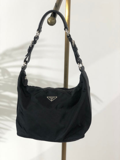 PRADA Triangle Logo  Nylon Leather Shoulder bag Hobobag Black Vintage zx7az8