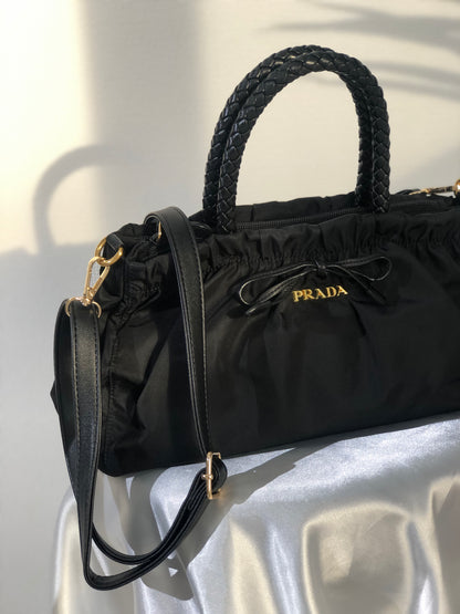 PRADA Logo Ribbon Nylon Leather Two-way Crossbody Shoulder bag Totebag Black Vintage c6kcye