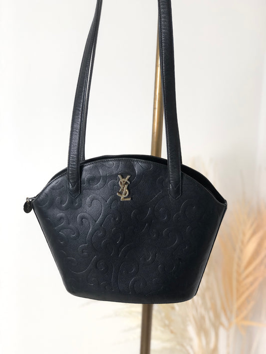 Yves Saint Laurent YSL Logo Arabesque Pattern Leather Shoulder bag Black Vintage xfnsx5