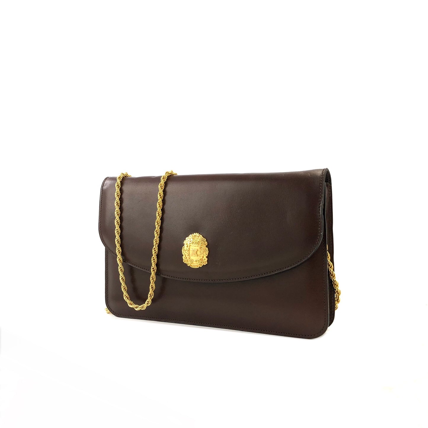 CELINE Emblem Blason Chain Pochette Mini Bag Shoulder Bag Brown OldCeline vintage pe48yt