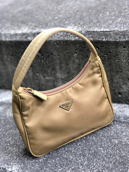 PRADA Triangle logo Nylon Shoulder bag Hobobag Beige Vintage 6xp4vw