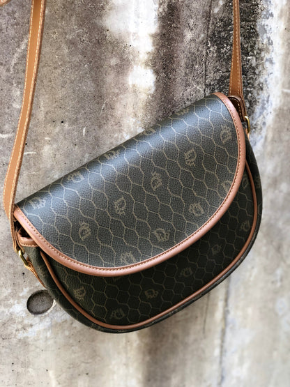 Christian Dior Honeycomb pattern Round Crossbody Shoulderbag Olive brown Vintage Old wzvydk