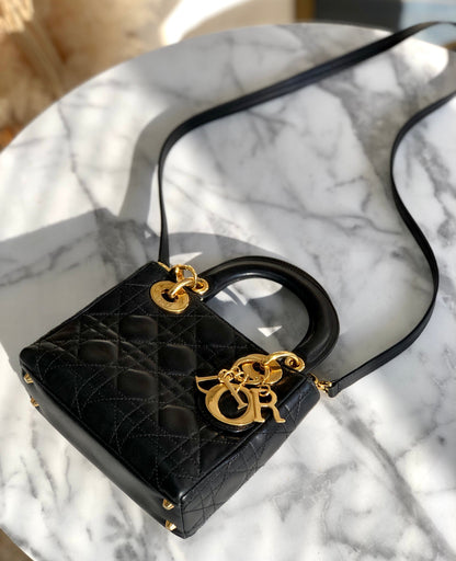 Christian Dior Cannage Lady dior Leather Small Handbag Shoulder bag Black 7tgg5g